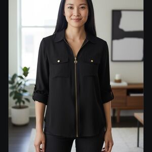 Michael Kors Black  Zip-Up Blouse with Gold Accents